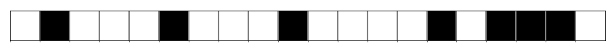 A row of cells, arranged side by side, each of which is colored black or white. The first few cells are white, then one black cell, and alternates in a similar pattern.